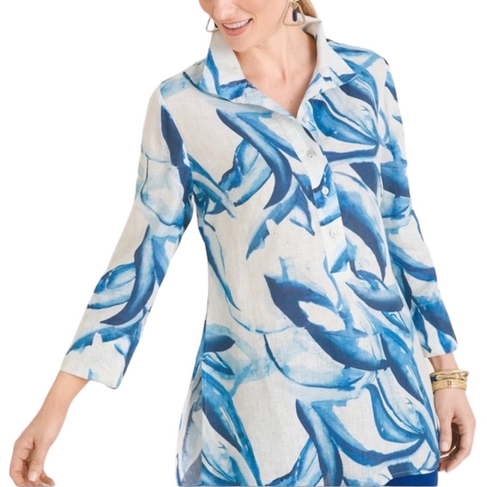 Chico’s Leaf-Print Pullover Linen Tunic  NWOT